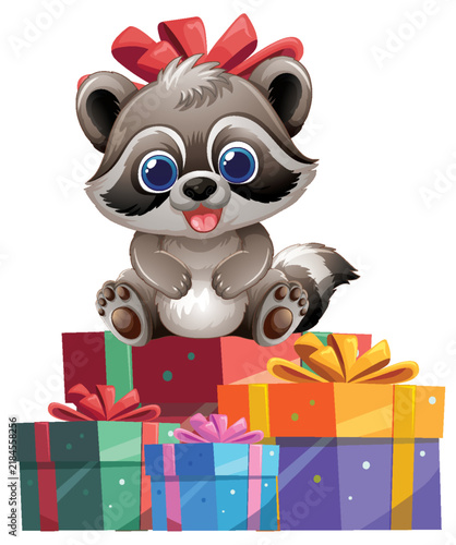 Cute Cartoon Raccoon Sitting on a Pile of Colorful Gift Boxes