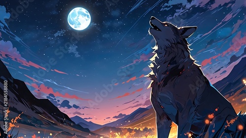 Hybrid anime-style wolf-dragon creature howling at moon