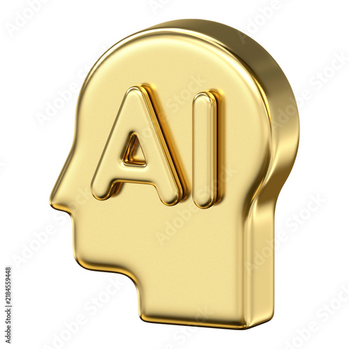 Golden metallic human head profile icon with AI text engraving, representing artificial intelligence, smart thinking, machine learning, and digital brain technology