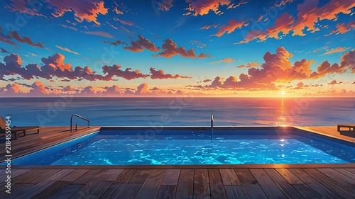 Infinity pool at anime island house, overlooking ocean sunset