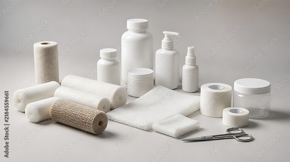 Obraz premium White medical bandages bottles and surgical scissors arrangement.