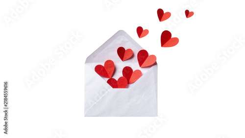White paper envelope overflowing with red paper hearts, isolated on transparent background