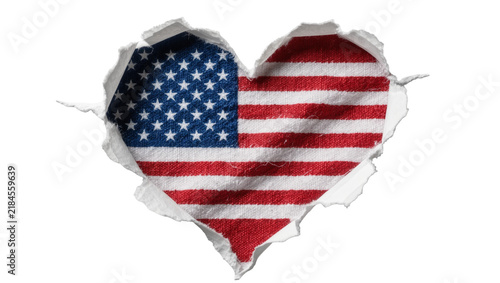 Torn paper revealing American flag heart shape isolated on transparent background