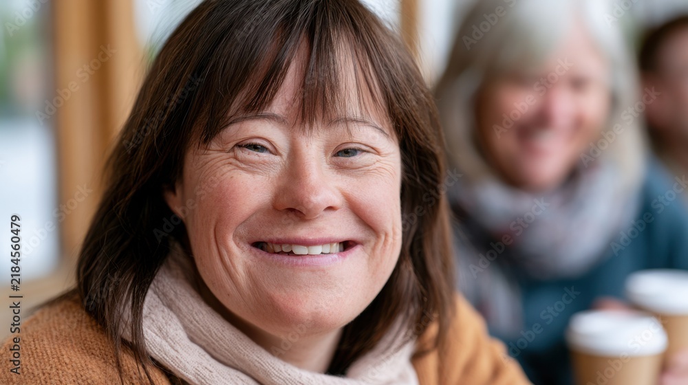 Obraz premium Adult woman with Down syndrome smiles warmly while seated in a cafe, with a blurred figure of another woman and coffee cups visible in the background