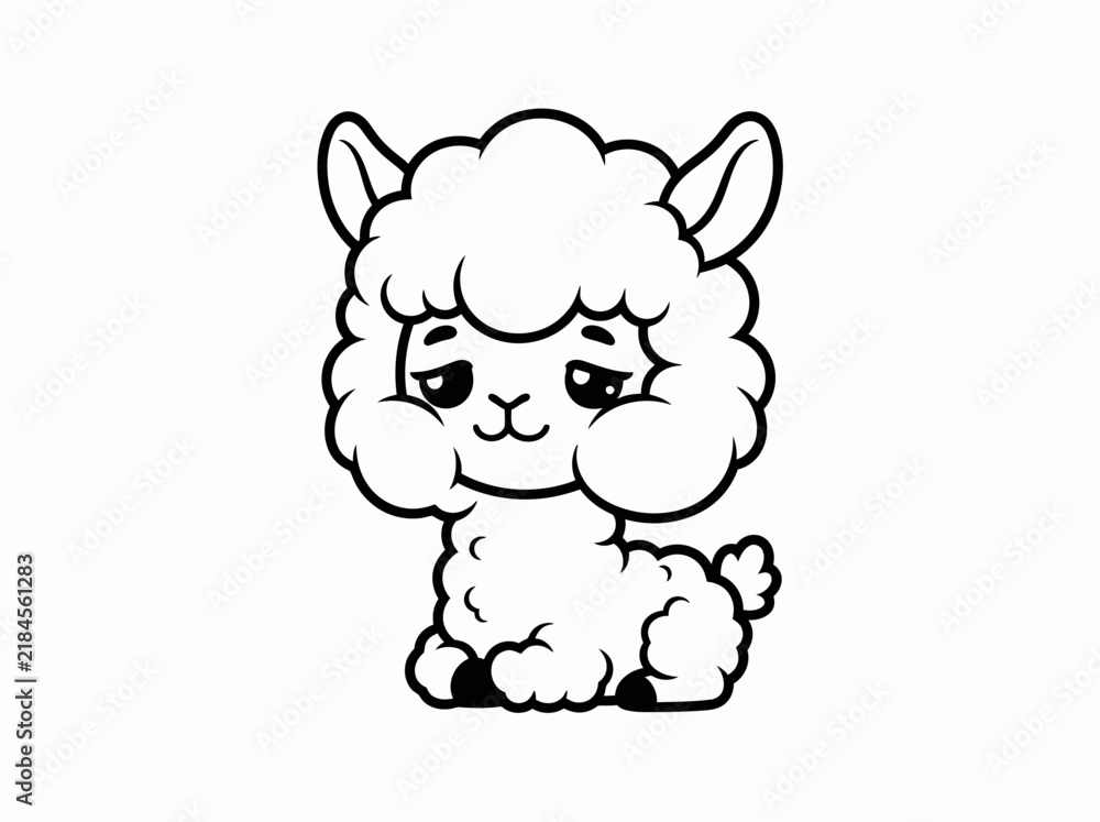 Fototapeta premium Baby llama sits peacefully with a gentle expression in a clean black and white outline style.