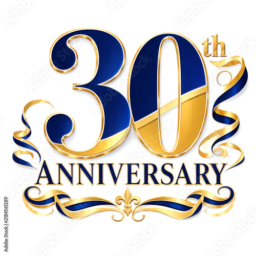 Elegant golden and blue thirtieth anniversary celebration design with decorative ribbons and typography