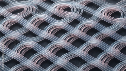Loop grid pink line pattern concept with transparent tube weave array over dark surface symbolizing quantum data transmission, fiber optic network, and modern tech innovation