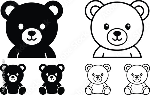 Teddy Bear Icon Set in Black Silhouette and Outline Style Cute Toy Bear Face Vector Icons