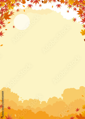 Autumn Background,Sunset Yellow Sky Clouds Layered, Sun with Orange Red Maple Leaves, Vertical Landscape Seasonal for Fall Banner,Thanksgiving Day Poster,Vector Illustration Invitation Design