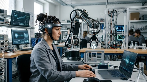 Obraz na płótnie Female engineer using brain-computer interface 