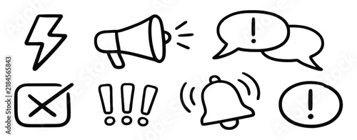 Doodle attention sign icon with hand drawn warning marks caution symbols and exclamation signs for errors and alerts