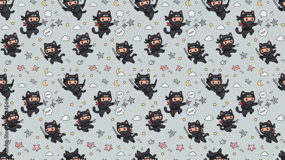 Seamless pattern with cute ninja cats on a light background.