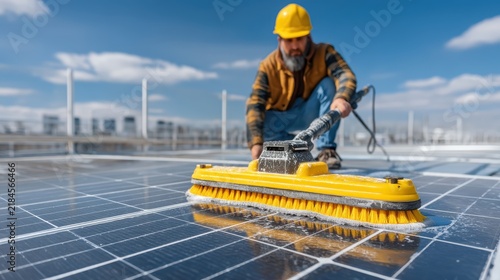 Worker Cleaning Solar Panels on Rooftop with Yellow Brush Under Bright Blue Sky