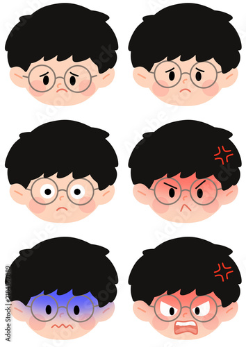 Cute Boy Character with Round Glasses Showing Strong Emotional Facial Expressions