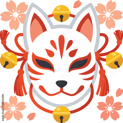 Obraz na plátne Traditional Japanese kitsune fox mask with bells and sakura cherry blossoms vect