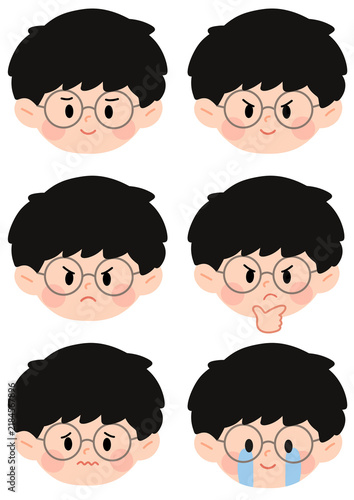 Cute Boy Character with Round Glasses Showing Various Emotional Facial Expressions