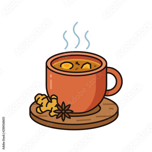 Traditional Wedang Jahe a spicy herbal drink in a clay mug with ginger and star anise icon