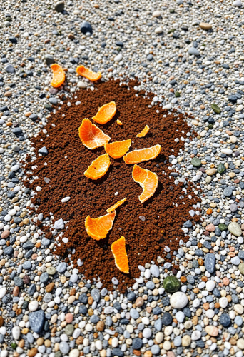 orange peels and coffee on the sea beach