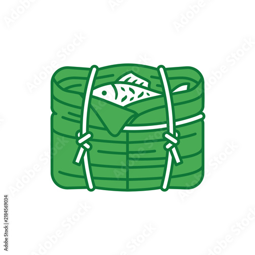 Traditional Indonesian wrapped fish meal called Pepes Ikan icon in green and white vector style