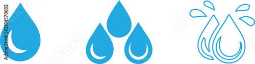A collection of blue water drop icons representing hydration liquid nature purity and environmental conservation themes for modern graphic design projects