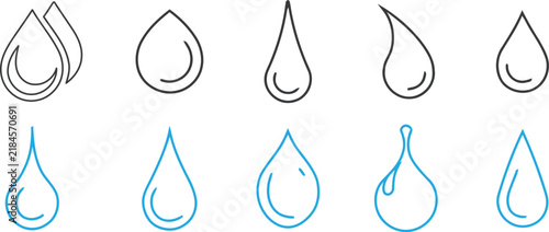 A collection of hand drawn water drop illustrations set in black and blue ink outlines on a clean white background