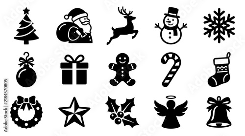Set of black and white christmas icons featuring holiday symbols and festive decorative elements for seasonal design