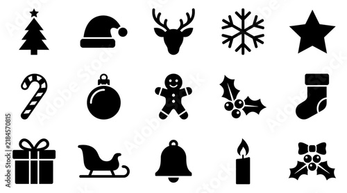 Set of black silhouette icons representing traditional christmas and winter holiday symbols for festive design projects