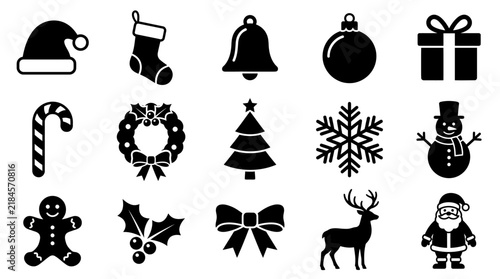 Set of black and white christmas icons featuring holiday symbols for festive seasonal design and decoration projects