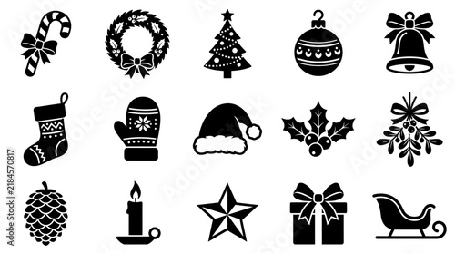 Set of black and white christmas holiday icons featuring traditional festive symbols and seasonal decorative elements