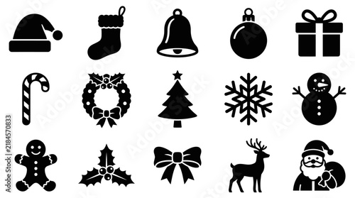 Set of black and white christmas holiday icons featuring traditional festive symbols and seasonal decorations for design