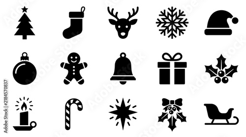 Set of black and white christmas holiday icons featuring traditional festive symbols and winter season elements