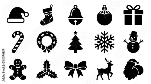Set of black and white christmas icons featuring holiday symbols for seasonal design and festive greeting cards