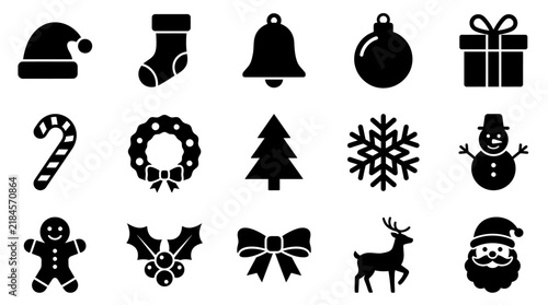 Set of fifteen black silhouette icons representing traditional christmas holiday symbols and festive winter season elements