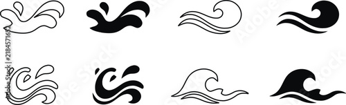 A collection of hand drawn ink brush style wave illustrations isolated on a white background for various creative design projects