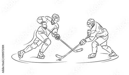 Canvas Print Two Ice Hockey Players Battling for Puck Dynamic Continuous Line Sports Artwork