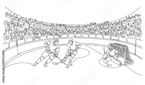 Photography Packed Ice Hockey Arena with Players and Excited Crowd Continuous Line Vector Il