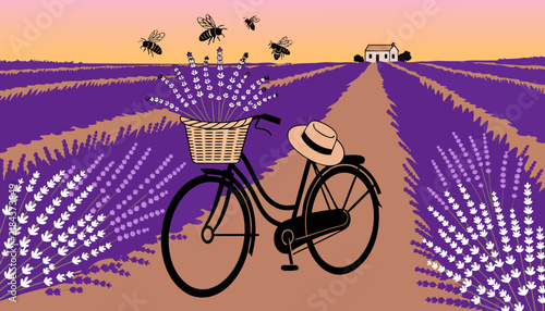 Vintage Bicycle with Lavender Basket in Provence Field at Sunset, Flat Vector Dreamy Summer Evening Illustration