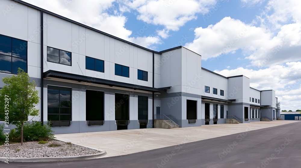 Fototapeta premium Modern industrial warehouse with loading docks gray and white exterior under bright blue sky with scattered clouds