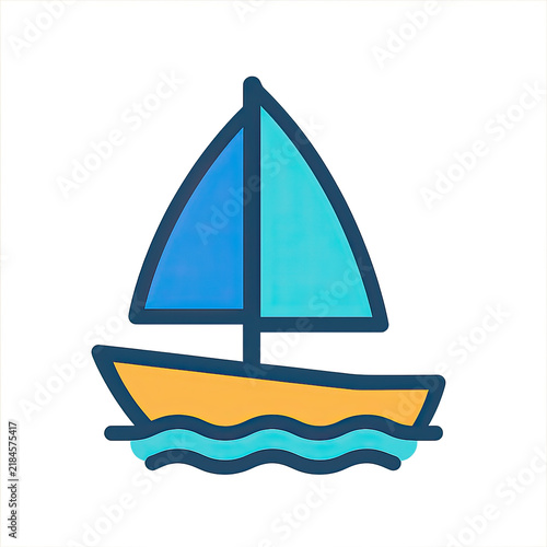 Colorful cartoon sailboat icon sailing on blue waves, representing travel and leisure.