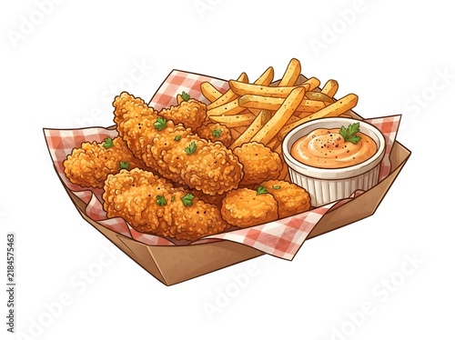 Crispy Fried Chicken Pieces with French Fries and Dipping Sauce