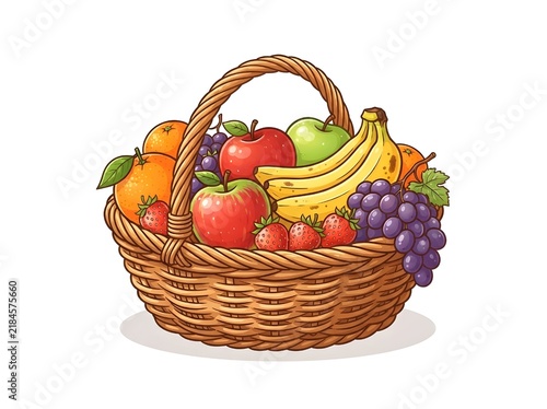 Wicker Fruit Basket Filled with Bananas Apples Grapes Oranges and Strawberries