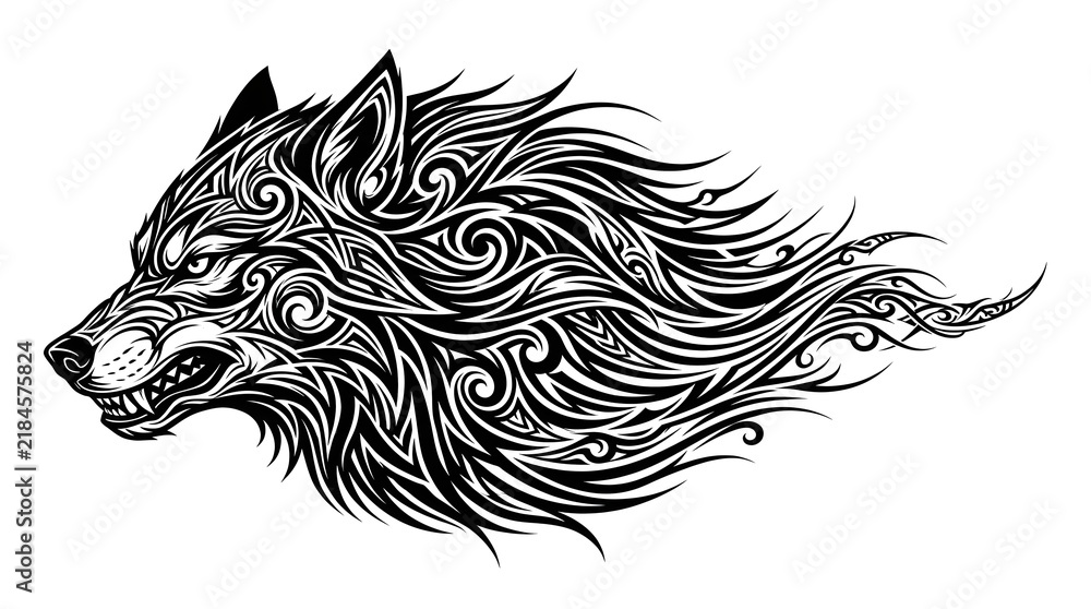 Obraz premium Tribal wolf head illustration with swirling stylized fur flowing backwards