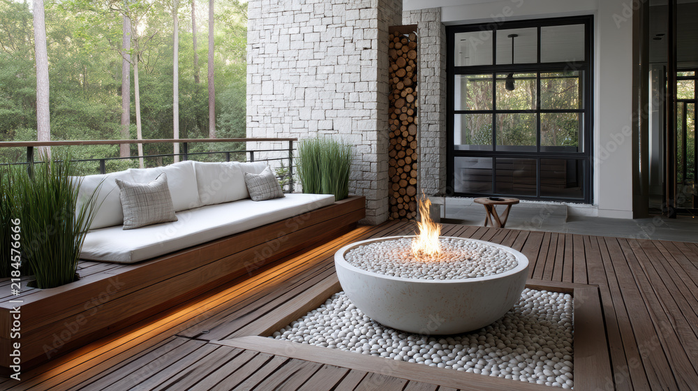 Obraz premium Modern outdoor lounge with fire pit wooden deck white sofa green plants natural light peaceful atmosphere luxury design relaxation