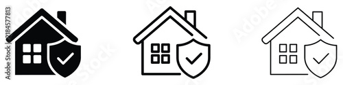 House shield icon with check marks representing home security protection safety and reliable residential defense