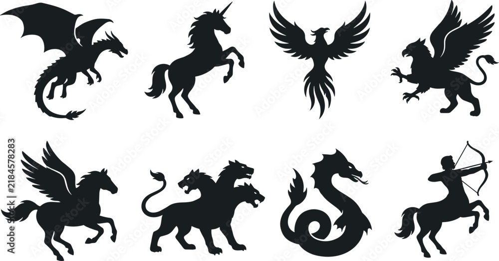 Obraz premium Black Silhouette Collection of Mythical Creatures Including Dragon Unicorn Phoenix Griffin Pegasus Cerberus Sea Serpent and Centaur