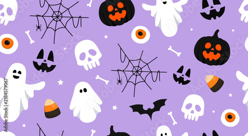Halloween seamless pattern. Holiday design with jack-o-lantern, ghost, skull, bat, cobweb. Vector illustration.
