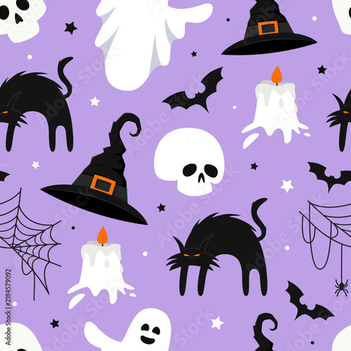 Seamless Halloween pattern with which hat, skull, black spooky cat, skull, candle, bat, spider web for packaging, clothing, banner, cover, textile, fabric.