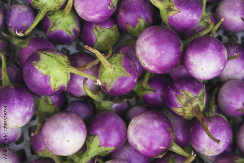 Many purple ball eggplants as background	