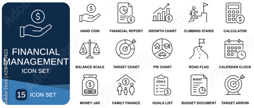 Financial management icon set features line style illustrations on a dark blue background finance money