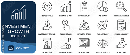 Investment growth icon set featuring financial charts rupee symbols and fund management graphics finance currency